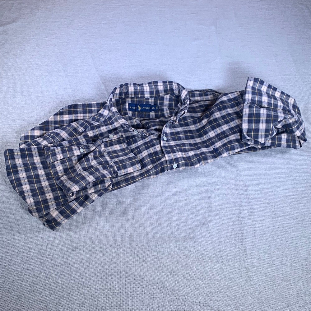 Ralph‎ Lauren Mens XXL Plaid Button Down Shirt Navy Blue White Yellow Cotton